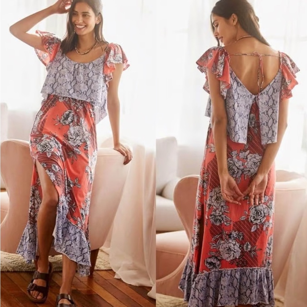 Anthropologie Coral Floral Maxi Dress with Gray Snake-Print Ruffle